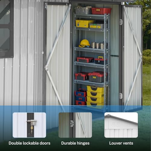 10 x 8 ft Outdoor Storage Shed, Metal Building with Windows and Lockable Doors, Grey Q206