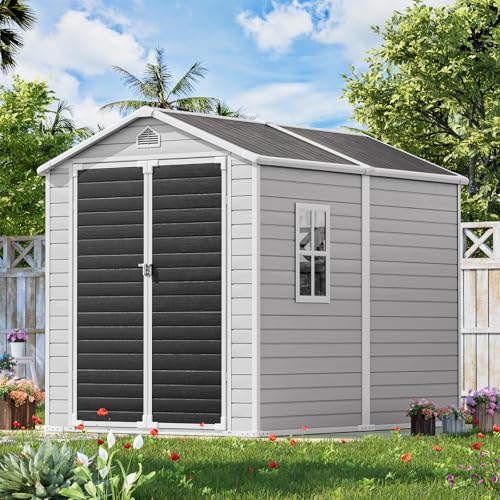 Outdoor Resin Storage Shed with Floor 8x6x7 FT Waterproof, Gray U422