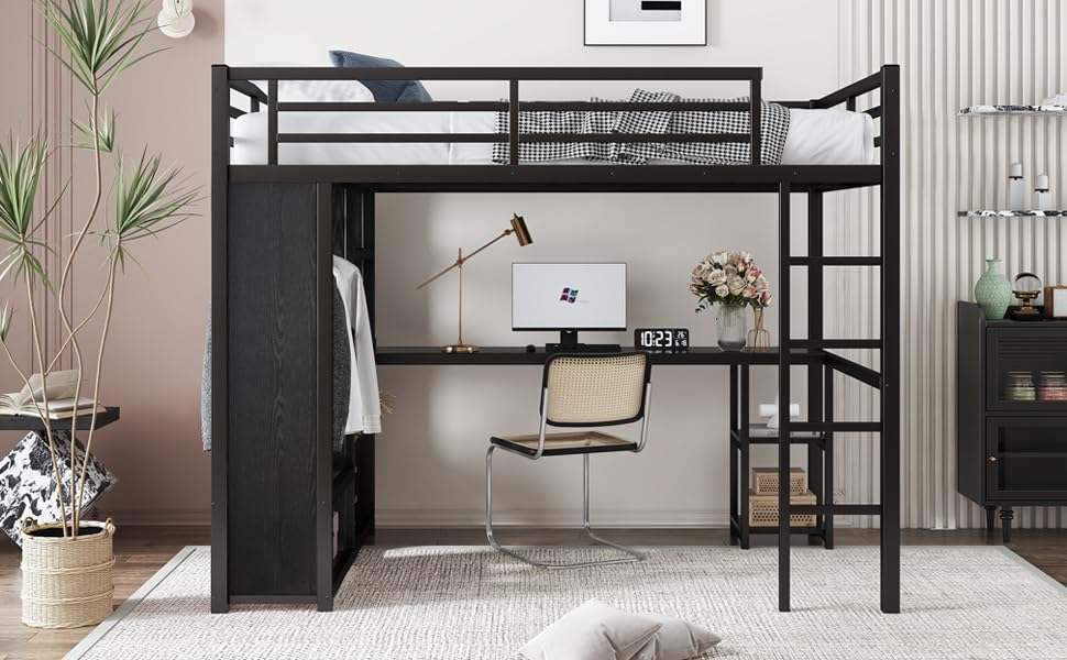 Metal Loft Bed with Wardrobe and L-Shaped Desk, Full Size with Storage Cubes and Shelves J450846