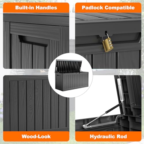 100 Gallon Resin Deck Box, Lockable Patio Outdoor Storage, Waterproof - Black F75230