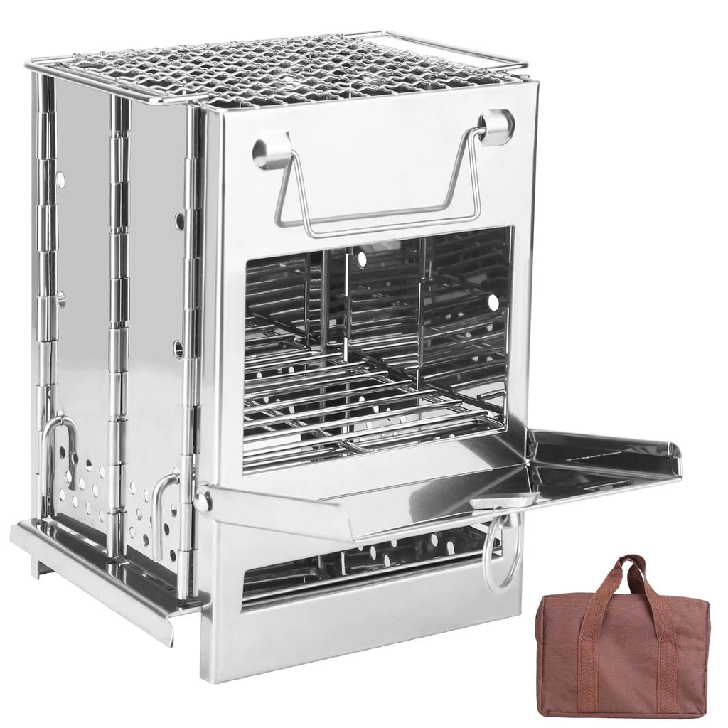 Folding Wood Burning Camp Stove, Portable Stainless Steel Backpacking Stove with Carry Bag V596178