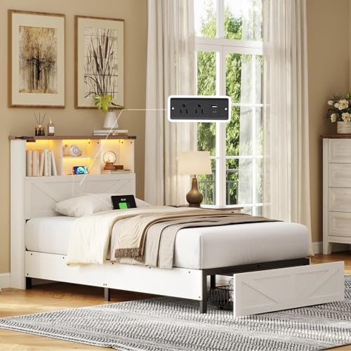 Antique White Twin Bed Frame with Bookshelf Headboard and Charging Station W2836