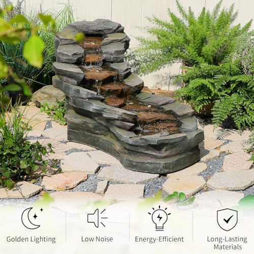 37" Outdoor Garden Water Fountain, 5-Tier Rock Waterfall with LED Lights H197