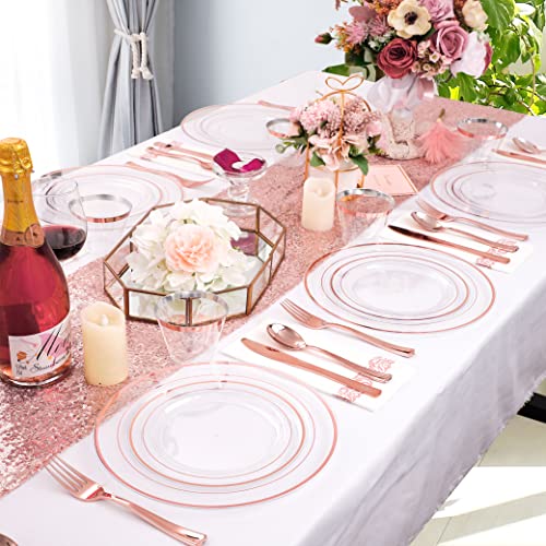 350PCS Clear Gold Plastic Dinnerware Set for 50 Guests, Disposable Plates, Cups & Silverware N692