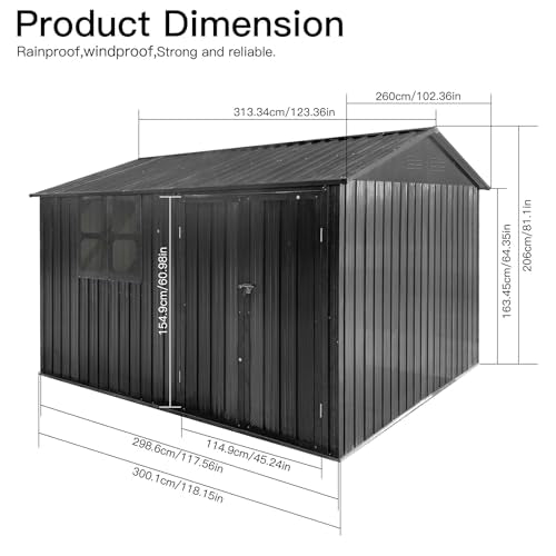 10 x 8 ft Outdoor Storage Shed, Metal Building with Windows and Lockable Doors, Grey Q206
