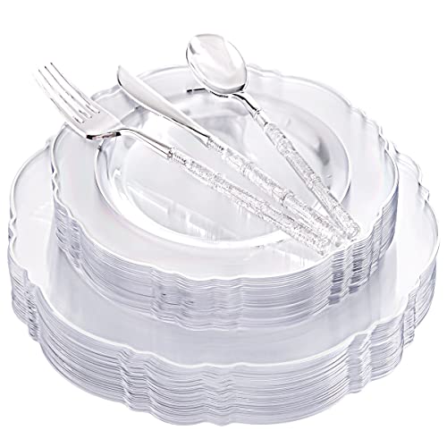 350PCS Clear Plastic Plates with Gold Trim for 50 Guests, Disposable Dinnerware Set O686017