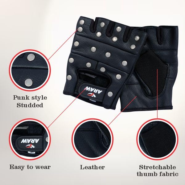 Fingerless Leather Gloves for Men and Women, Fitness and Motorcycle W6492