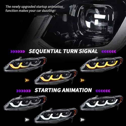 LED Headlights for Honda Civic Sedan 2006-2011, Projector Headlamp Assembly with Sequential Turn Signal, Pair J2961