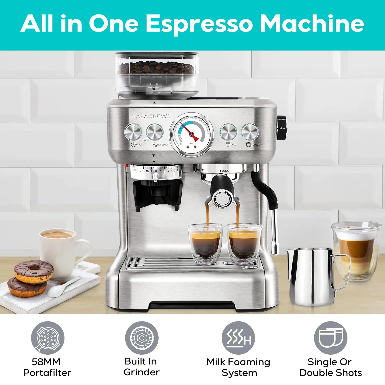 Espresso Machine with Milk Frother and Grinder, Silver O667816