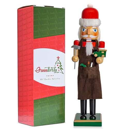 Red and Green Wooden Nutcracker Man with Toy Car and Hammer, 15" K127