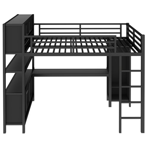 Full Loft Bed with Desk, Storage Shelves, and Wardrobe, Heavy-Duty Frame, Black K6320