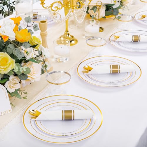 350PCS Clear Gold Plastic Dinnerware Set for 50 Guests, Disposable Plates, Cups & Silverware N692