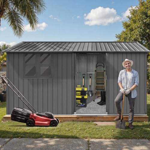 10 x 8 ft Outdoor Storage Shed, Metal Building with Windows and Lockable Doors, Grey Q206