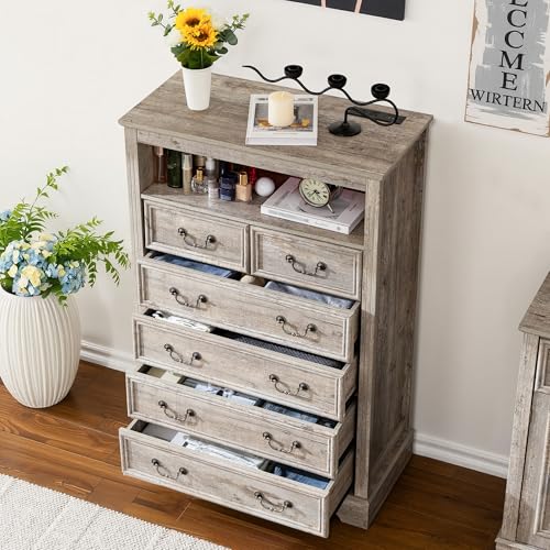 6-Drawer Dresser with Charging Station and LED Light, Vintage Gray R907