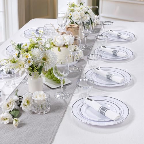 350PCS Clear Gold Plastic Dinnerware Set for 50 Guests, Disposable Plates, Cups & Silverware N692