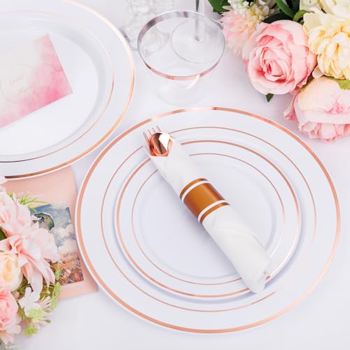 350PCS Clear Gold Plastic Dinnerware Set for 50 Guests, Disposable Plates, Cups & Silverware N692