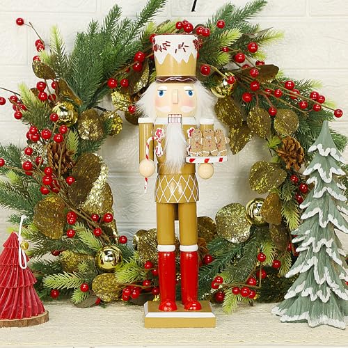 14 Inch Christmas Nutcracker Figures, Wooden Santa Chef Holding Gingerbread Men, Tabletop Centerpiece Decor R14704