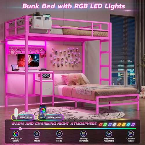 Twin Over Twin Bunk Bed with Desk, Charging Station and LED Lights F705929