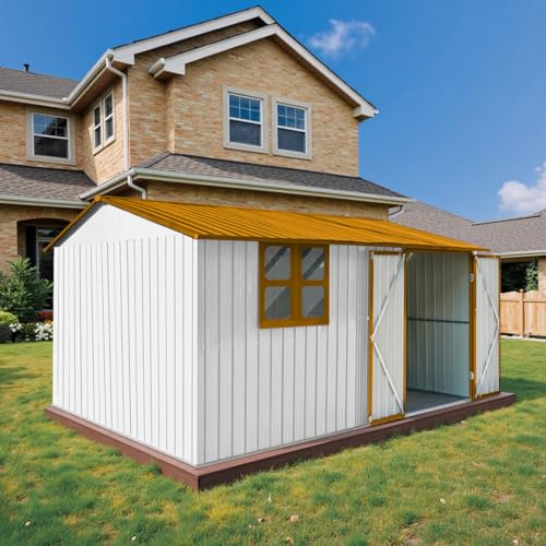 10 x 8 ft Outdoor Storage Shed, Metal Building with Windows and Lockable Doors, Grey Q206