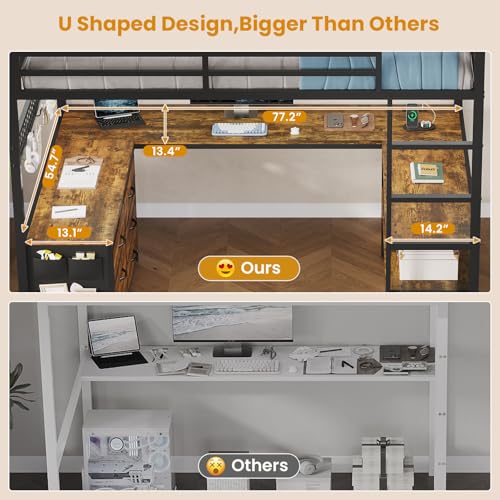 Loft Bed Full Size with U-Shaped Desk, Storage Drawers, Power Outlet, LED, Safety Guardrail & Ladders P611917