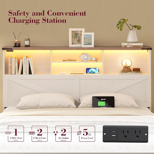 Antique White Twin Bed Frame with Bookshelf Headboard and Charging Station W2836