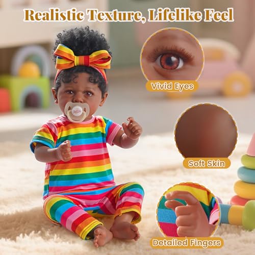Reborn Baby Doll Black - Lifelike Soft Body African American Newborn Girl 20 Inch Gift Set with Toy Accessories Q335463