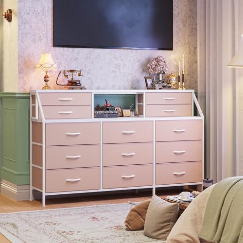 55" Dresser with 13 Fabric Drawers and 2 Open Shelves, Rustic Brown K688