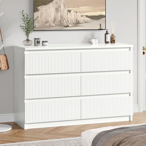 White 6 Drawer Dresser for Bedroom, Modern Fluted with Deep Drawers L14151