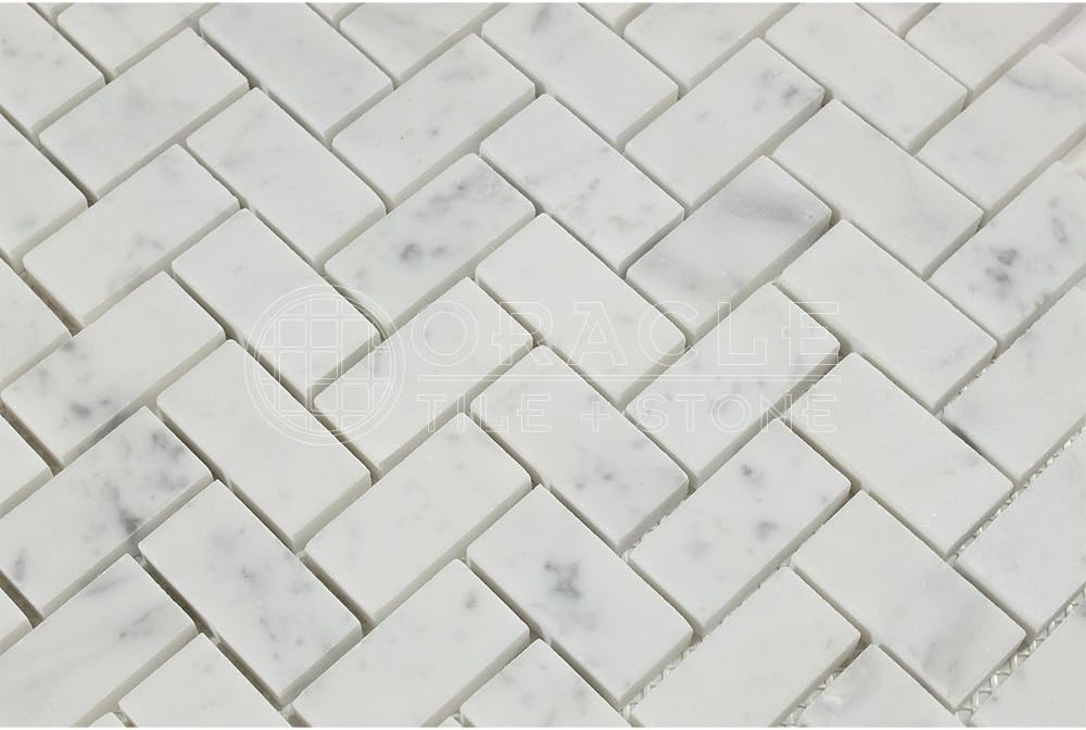 Carrara White Marble Herringbone Mosaic Tile, Honed G34140