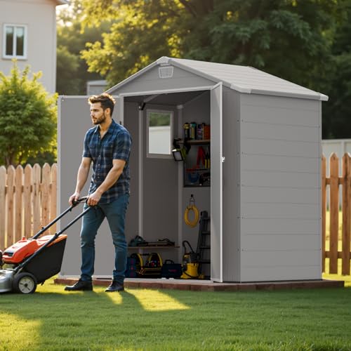 6×8FT Plastic Outdoor Storage Shed with Floor, Lockable Double Door J5369