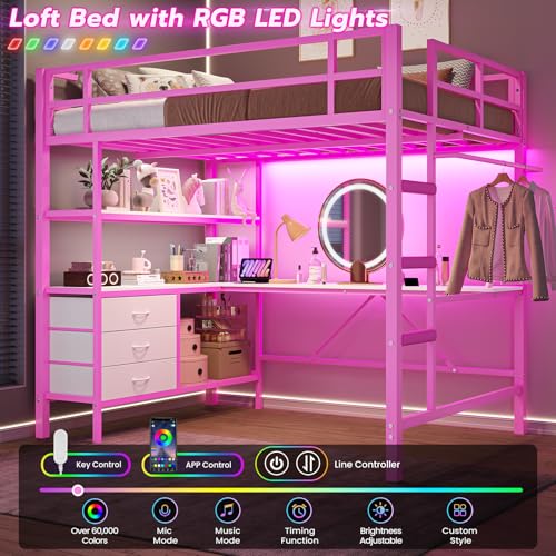 Loft Bed Full Size with L-Shaped Desk and Charging Station G796