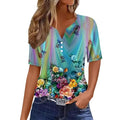 Womens Tops Short Sleeve Henley Neck Button Up Shirts Casual Loose Fit Blouses Boho Floral Vacation T-Shirts