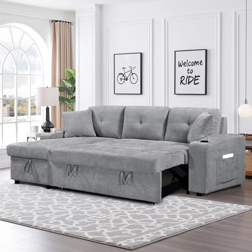 Reversible Sectional Sofa Couch, 92" Sleeper Sofa Bed with Storage Chaise Pull Out Couch for Living Room | Cup Holder | Side Pocket | Removable Backrest | Linen Fabric, Light Gray
