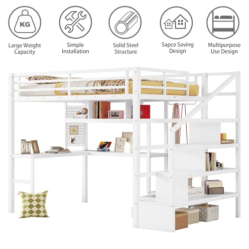 Queen Loft Bed with L-Shaped Desk and Stairs, Metal Frame, Black F92113