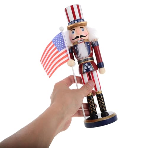 Patriotic Nutcracker Figurines Wooden Soldier Statue with Cane for Independence Day Decoration C859373