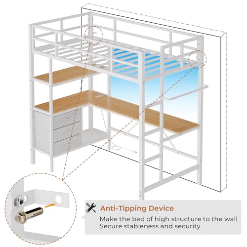 Loft Bed Full Size with L-Shaped Desk and Charging Station G796