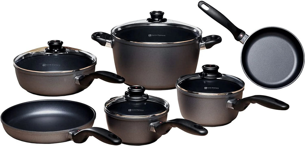 Excellent Swiss Diamond 10 Piece Kitchen Cookware Set - HD Nonstick Diamond Coated Aluminum Cooking Pots and Pans  Includes Lids Dishwasher Safe and Oven Safe Fry Pan  Grey