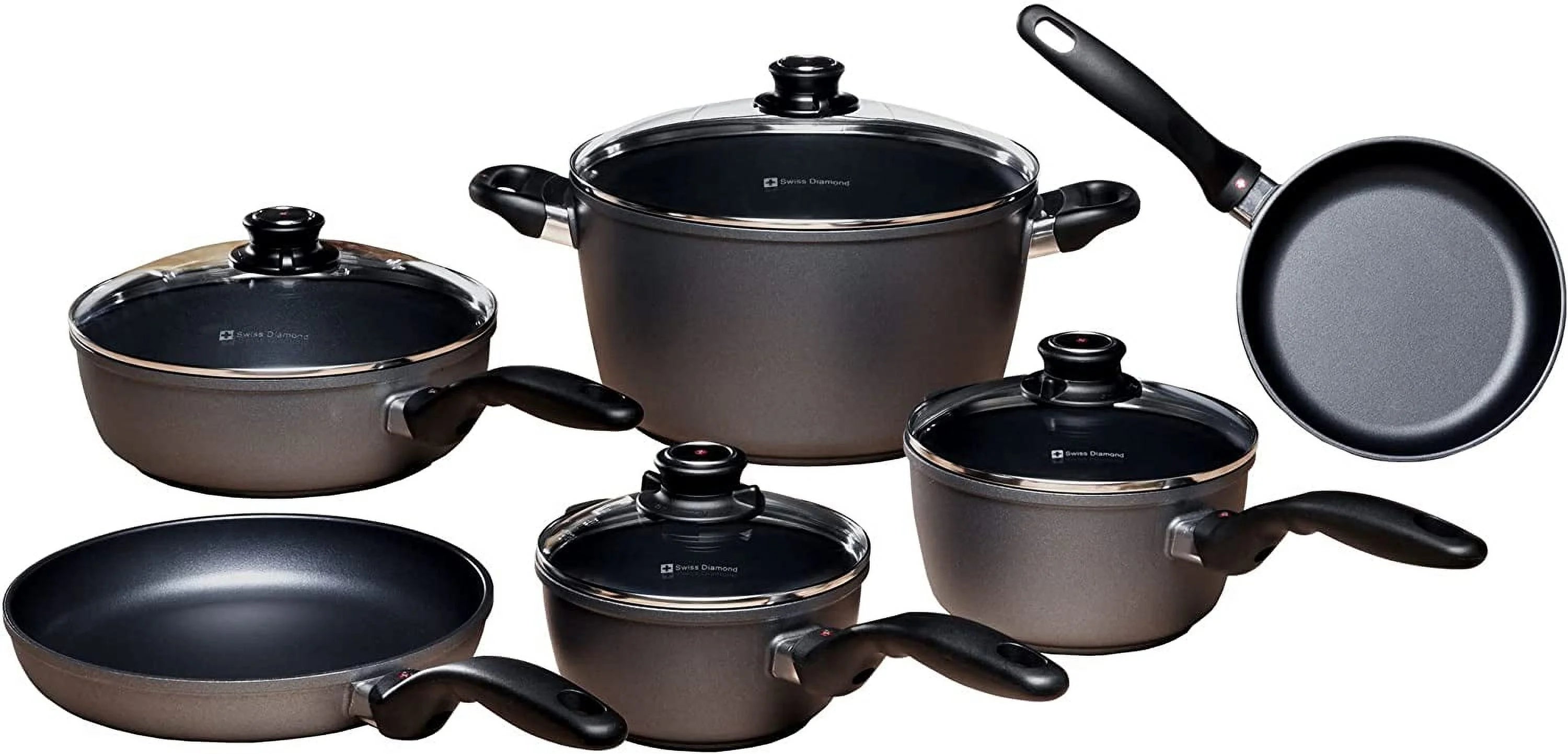 Excellent Swiss Diamond 10 Piece Kitchen Cookware Set - HD Nonstick Diamond Coated Aluminum Cooking Pots and Pans  Includes Lids Dishwasher Safe and Oven Safe Fry Pan  Grey