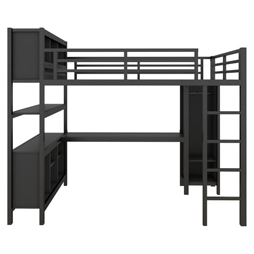 Full Loft Bed with Desk, Storage Shelves, and Wardrobe, Heavy-Duty Frame, Black K6320
