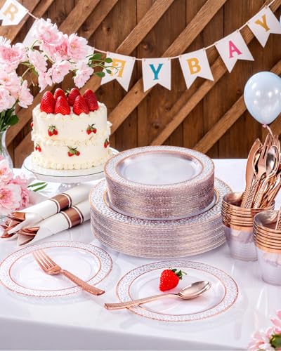 350PCS Clear Plastic Plates with Gold Trim for 50 Guests, Disposable Dinnerware Set O686017