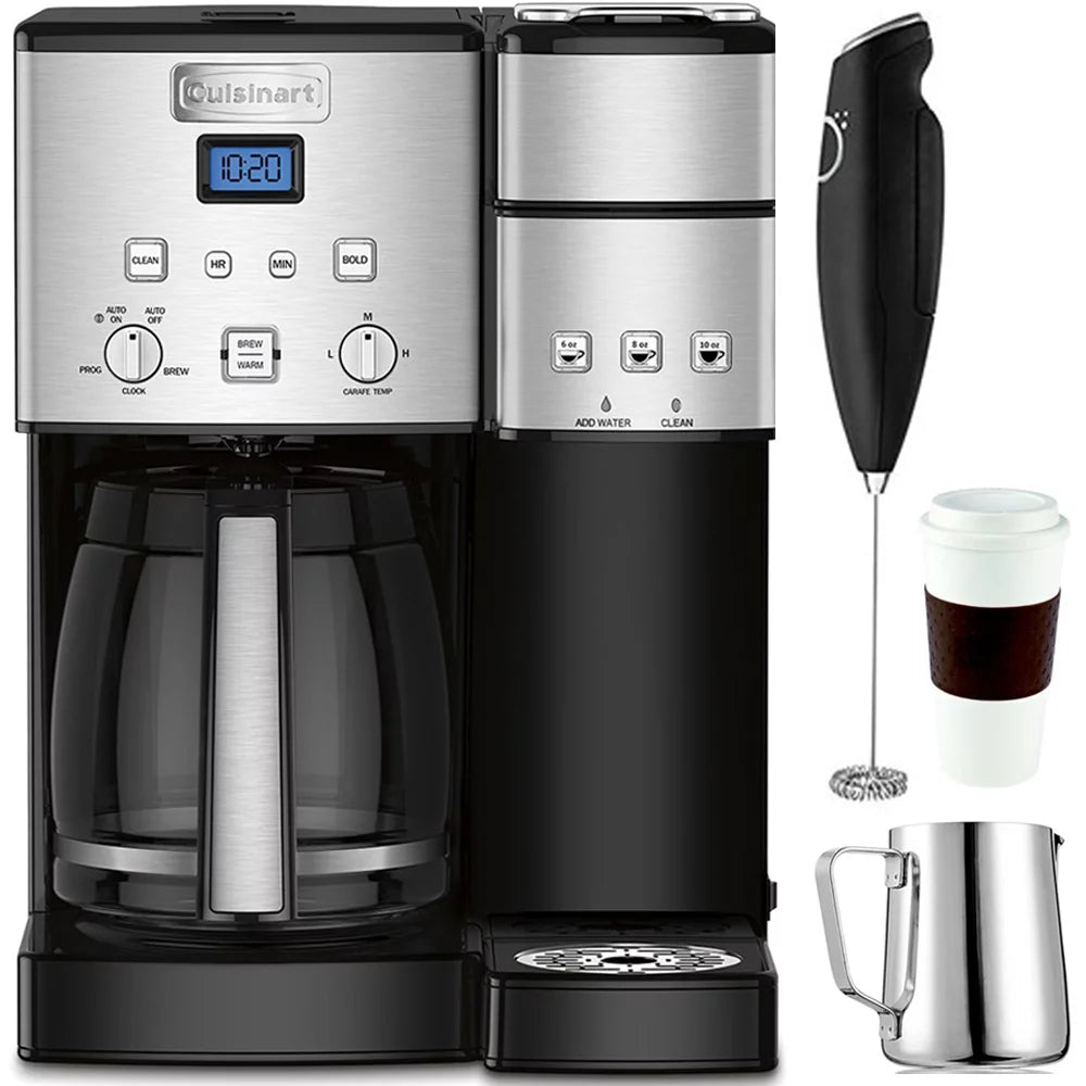 Cuisinart 12-Cup Coffee Maker and Single-Serve Brewer Stainless Steel (SS-15) with Milk Frother - Handheld Electric Foam Maker For Coffee, Milk Frothing Pitcher & Reusable To Go Mug Black