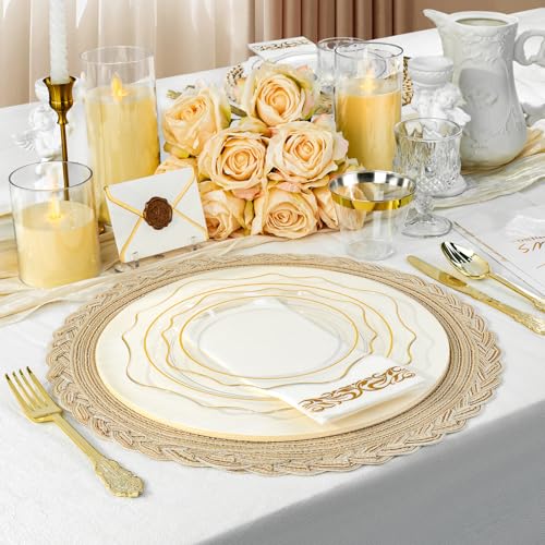 350 PCS Gold Plastic Plates with Cups, Silverware and Napkins for Party L8169