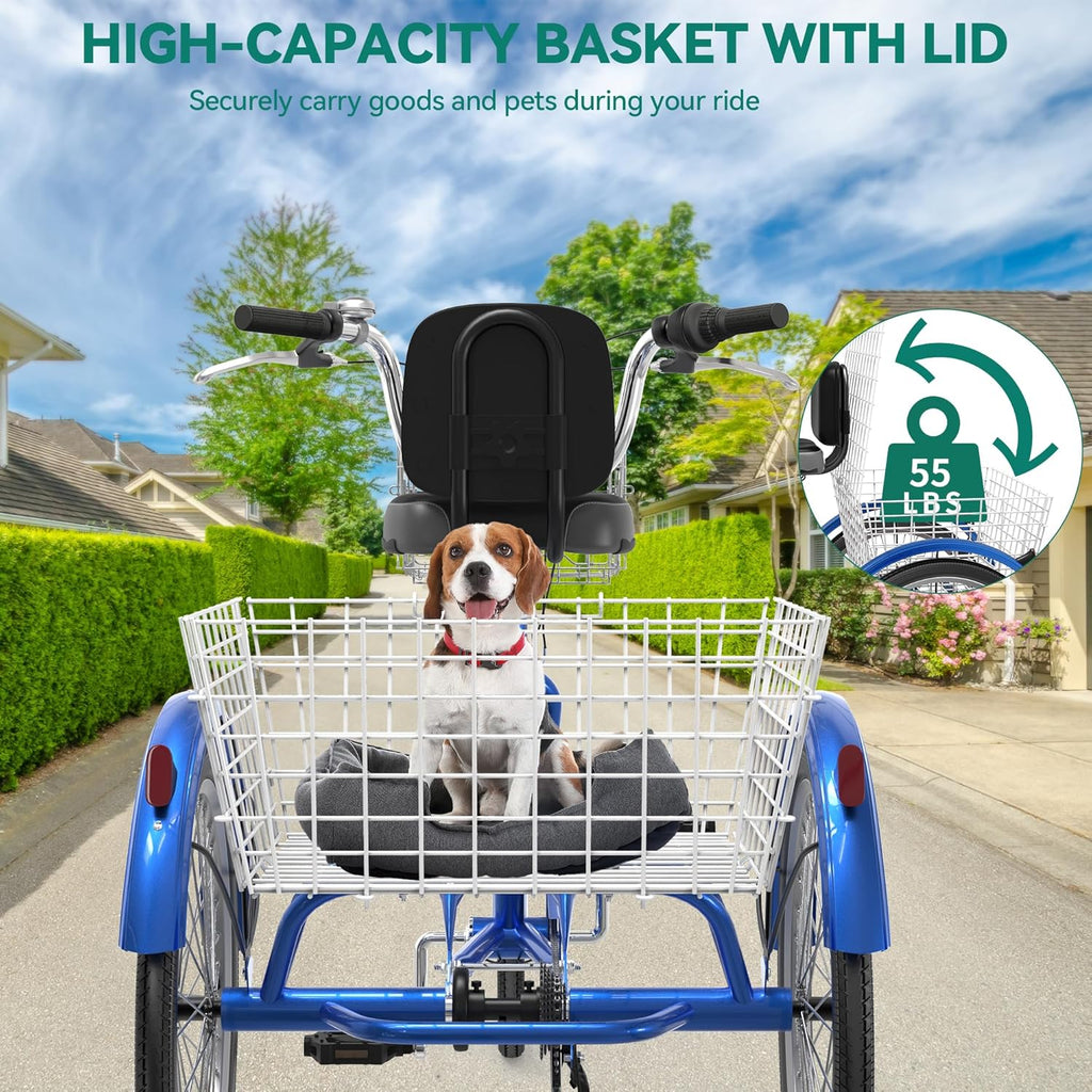 Adult Tricycle 26 Inch 3 Wheel 7 Speed Bike with Removable Baskets, Blue J9778