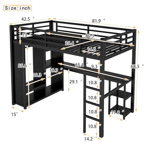 Metal Loft Bed with Wardrobe and L-Shaped Desk, Full Size with Storage Cubes and Shelves J450846