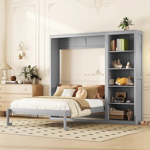 Queen Murphy Bed with Storage Bookcase Shelves, Wood Folding Grey Wall Bed Cabinet I26548