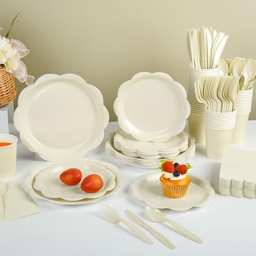 Ivory Paper Plates and Napkins Set for 50 Guests, Disposable Tableware with Utensils M509