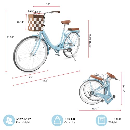 Foldable 26-Inch Beach Cruiser Bike with Front Basket, 7-Speed D209