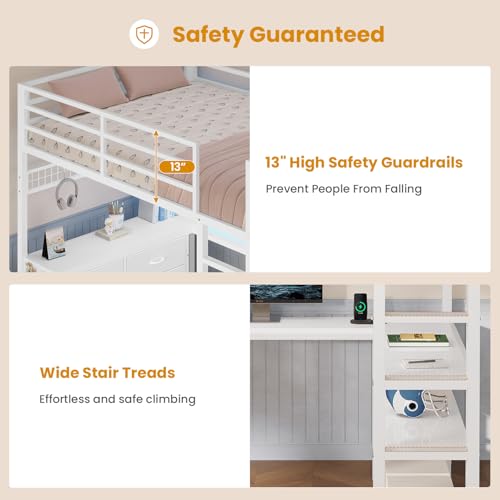 Loft Bed Full Size with U-Shaped Desk, Storage Drawers, Power Outlet, LED, Safety Guardrail & Ladders P611917