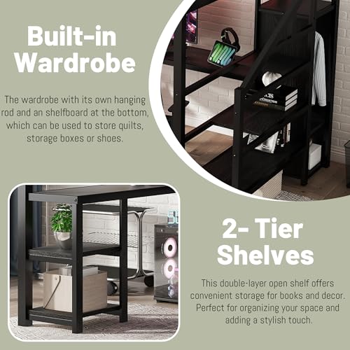 Queen Loft Bed with L-Shaped Desk and Stairs, Metal Frame, Black F92113