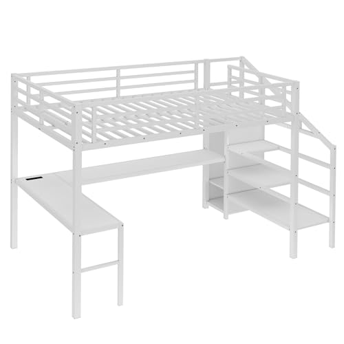 Queen Size Loft Bed with LED Lights, USB Ports and L Shaped Desk T2498